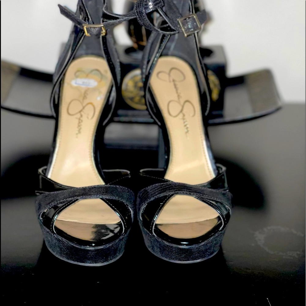 Black Strapped Back Zipper Heels
